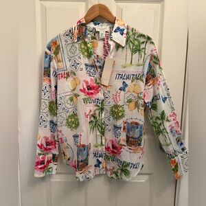 Calypso St. Barth White Floral & Tropical Print Button-Down Shirt